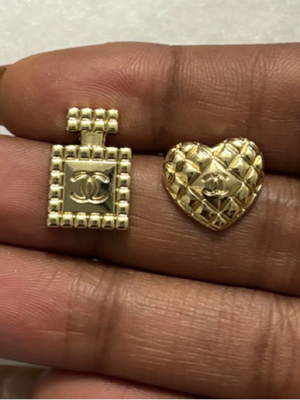 Gold Tone Heart and Perfume Bottle CC Charm Stud Earrings